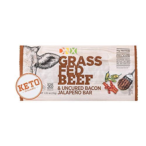 Book Cover DNX Bar Grass Fed Beef & Uncured Bacon Jalapeno (12 Pack)- High Protein Meat Snack, Keto, Paleo, Whole30, Gluten-Free, Dairy-Free, Grain-Free, Nitrate-Free, Non-GMO, No Soy, Low Carb