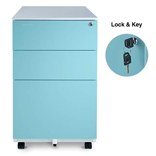 Book Cover Aurora Mobile File Cabinet 3-Drawer Metal with Lock Key Sliding Drawer, White/Aqua Blue, Fully Assembled, Ready to Use