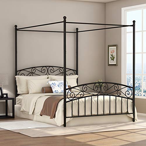 Book Cover Deluxe Design Queen Size Metal Canopy Bed Frame with Ornate European Style Headboard & Footboard Sturdy Black Steel Holds 660lbs Perfectly Fits Your Mattress Easy DIY Assembly All Parts Included