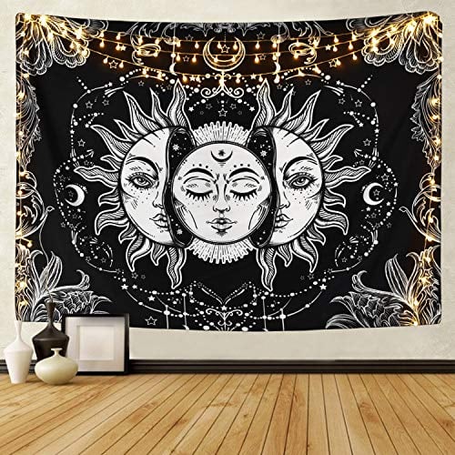 Book Cover Likiyol Sun and Moon Tapestry Burning Sun with Star Tapestry Psychedelic Tapestry Black and White Mystic Tapestry Wall Hanging