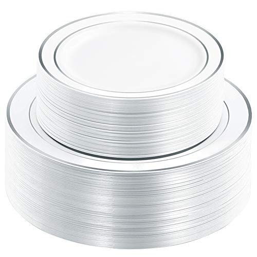 Book Cover WDF 120PCS Silver Plastic Plates-Disposable Plastic Plates with Silver Rim- silver Plates including 60Plastic Dinner Plates 10.25inch,60 Salad Plates 7.5inch