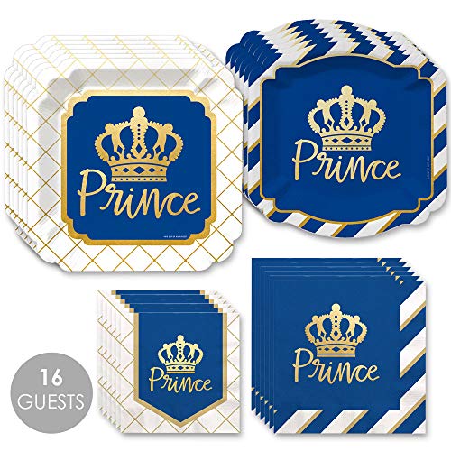 Book Cover Big Dot of Happiness Royal Prince Charming with Gold Foil - Baby Shower or Birthday Party Tableware Plates and Napkins - Bundle for 16