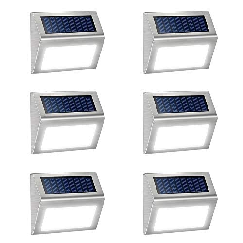 Book Cover JSOT Solar Deck Lights Bright 3 Led Stair Lights Auto On/Off Waterproof Stainless Steel Step Lights Outdoor Solar Lamp White - 6 Pack