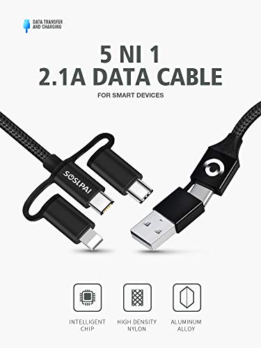 Book Cover SOSLPAI 5-in-1 Universal USB Charging Cable | Fast Sync & Charge Cables | Compatible with iPhone & Android | Lightning, USB, Micro USB, Type C (3ft)