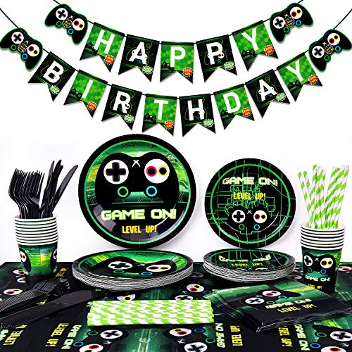 Book Cover Video Game Party Supplies-Gamer Birthday Party Supplies Including Gaing Paper Plates,Cups,Napkins, Straws And Happy Birthday Banner For Boy Gamer Birthday Party Decoration
