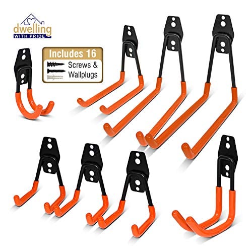 Book Cover Heavy Duty Wall Hooks, 8-Pack Steel Garage Hooks for Garage Storage - Wall Mount Hanging Hooks Tool Organizer Holds 40 Lbs Each - Rust Resistant Double Hooks for Garden and Garage Tools Organization