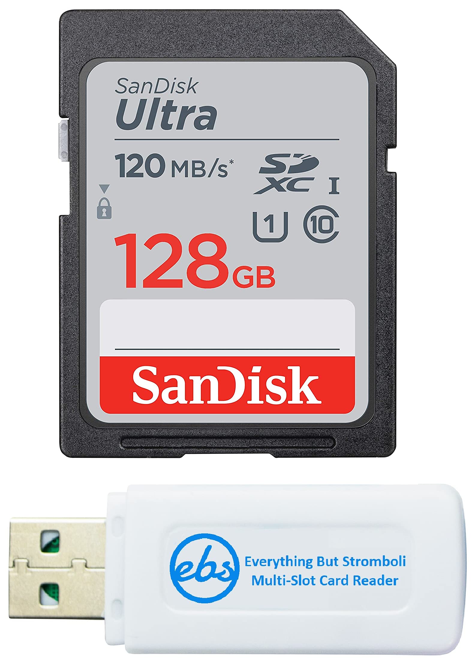 Book Cover SanDisk 128GB SDXC SD Ultra Memory Card Works with Canon EOS Rebel T7, Rebel T6, 77D Digital Camera Class 10 (SDSDUN4-128G-GN6IN) Bundle with (1) Everything But Stromboli Combo Card Reader