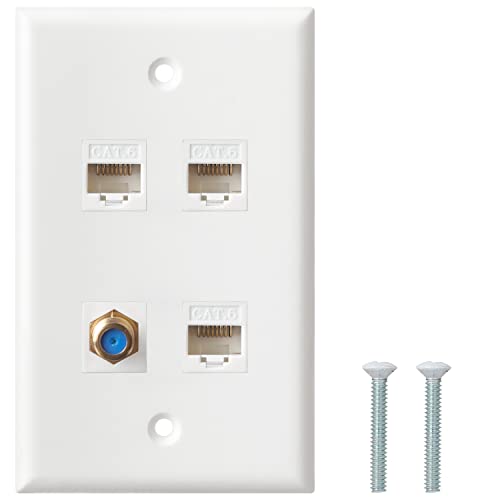 Book Cover Ethernet Coax Wall Plate, 3 Port Cat6 Keystone Female to Female, 1 Port F Type Connector Coax Keystone Female to Female Wall Plate - White