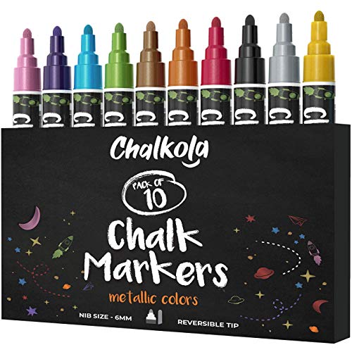 Book Cover Metallic Chalk Markers (10 Pack) Liquid Chalk Pens - For Blackboards, Chalkboard, Bistro Menu, Window - Wet Wipe Erasable - 6mm Reversible Bullet & Chisel Tip