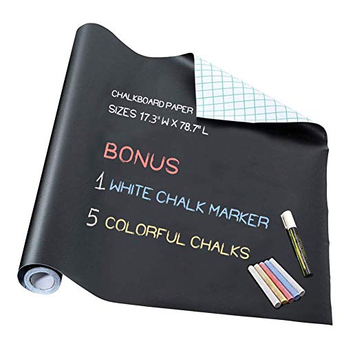 Book Cover Chalkboard Paper - Blackboard Vinyl Paper Removable Bulletin Wall Sticker, Free: 1 White Chalk Marker Pen + 5 Colorful Chalks - 17.3