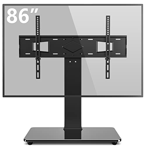 Book Cover Rfiver Universal Swivel TV Stand Table Top TV Stand Base for 40 to 86 Inch Flat Screen TVs, Height Adjustable Mount, Center TV Stand Replacement with Tempered Glass Base