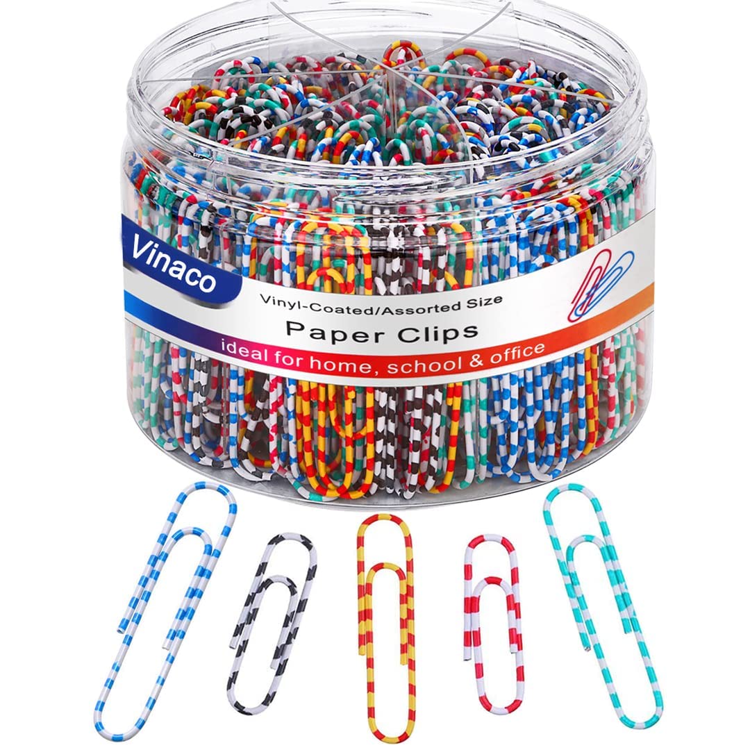 Book Cover Vinaco Paper Clips Color Stripe, 400PCS Medium & Large (1.3 inch & 2 inch) Paper Clip Assored Size, Durable and Rustproof, Vinyl Coated Paperclips Colorful for Office School Document Organizing