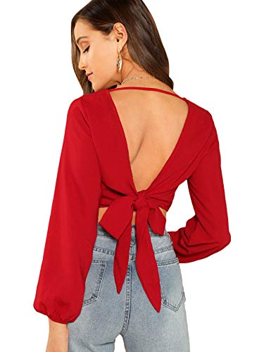 Book Cover SweatyRocks Women's Sexy V Neck Tie Back Casual Long Sleeve Crop Top Blouse