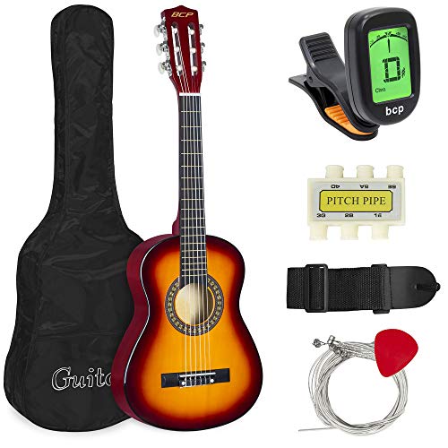 Book Cover Best Choice Products 30in Kids Classical Acoustic Guitar Complete Beginners Kit with Carrying Bag, Picks, E-Tuner, Strap (Sunburst)