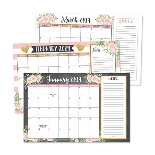 Book Cover Gold Pink Chalk 2019-2020 Large Monthly Desk or Wall Calendar Planner, Floral Giant Planning Blotter Pad, 18 Month Academic Desktop, Hanging 2-Year Date Notepad Teacher, Family Business Office 11x17