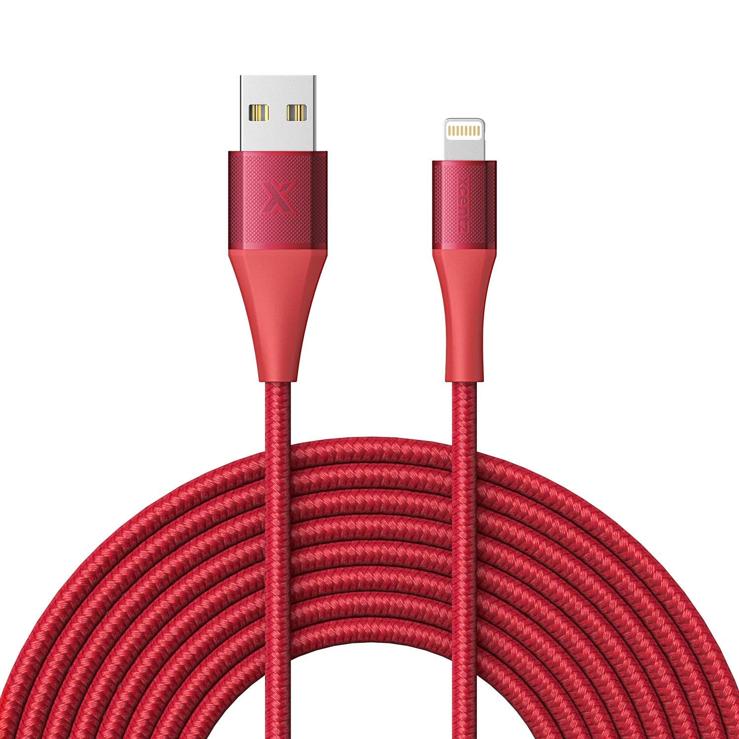 Book Cover XCENTZ iPhone Charger 10ft, MFi Certified Lightning Cable, Braided Nylon High-Speed iPhone Cable with Premium Metal Connector for iPhone 11/X/XS/XR/XS Max/8/7/6/5S/SE, iPad Mini/Air, Red