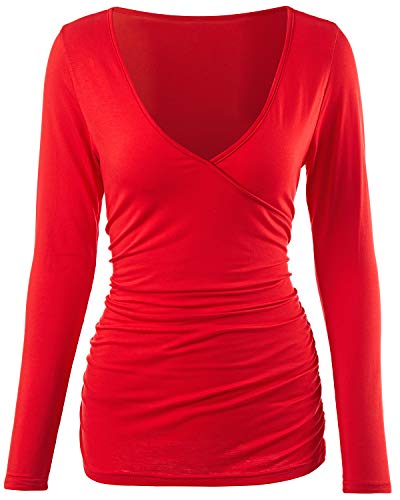 Book Cover ENIDMIL Women's Deep V Neck Shirts Long Sleeve Ruched T Shirts Front Wrap Pleated Slim Top Tee
