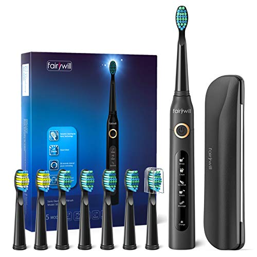 Book Cover Fairywill Electric Toothbrush for Adults with 5 Modes, Smart Timer, 8 Brush Heads, Fully Rechargeable with One 4 Hr Charge Last 30 Days, Whitening Ultra Sonic Toothbrushes with A Travel Case in Black