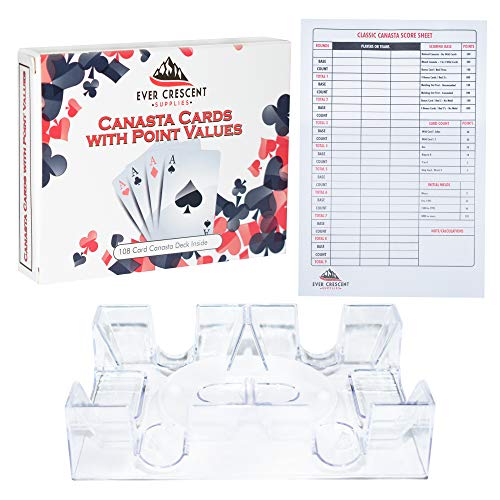 Book Cover Ever Crescent Supplies Canasta Cards with Point Values, Tray and Score Pads Set. Includes 2 Deck of Cards, Revolving Holder, and 50 Scoring Sheets.