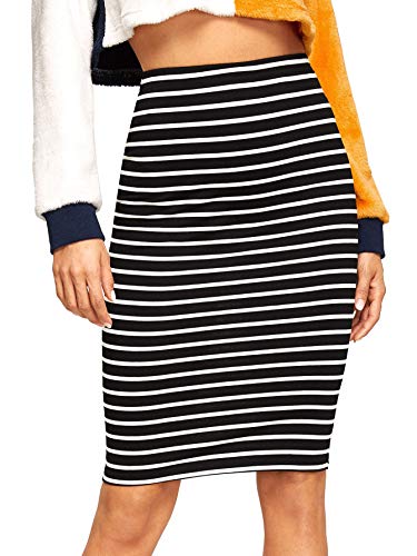 Book Cover SheIn Women's Striped Knee Length Elastic Waist Bodycon Pencil Skirt Black M
