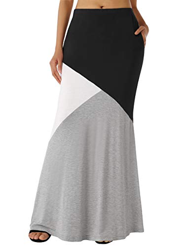 Book Cover DJT Women's Color Block High Waist Comfy Long Maxi Skirt with Pockets