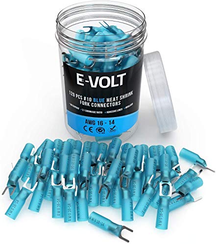 Book Cover E-VOLT Heat Shrink Fork Connectors – 120 PC, Size #10 Blue Adhesive Lined Electrical Waterproof Crimp Connectors for 16-14 AWG | Industrial Grade Electric Terminals for Automotive, Marine and Audio