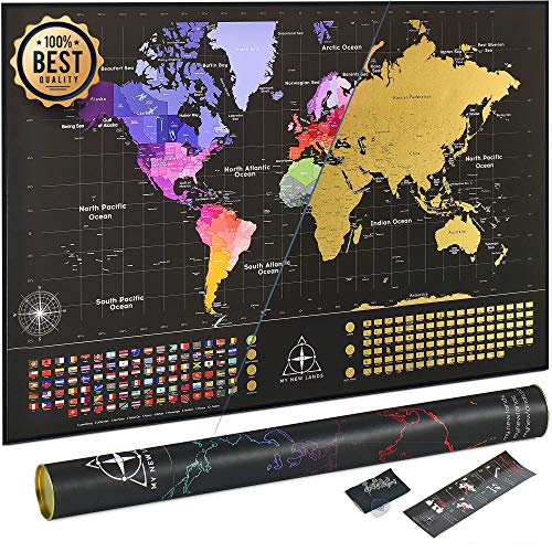 Book Cover Scratch Off Map of The World, Premium Quality 36x24 World Map Poster w/US States & Country Flags, Includes Buttons and Scratcher, Detailed Cartography, Glossy Finish. Perfect Gift by MyNewLands!