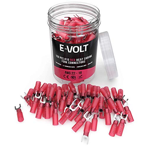 Book Cover E-VOLT 150 Fork Crimp Connectors - 3:1 Adhesive Heat Shrink Red Crimp Terminals for 22 20 18 16 Gauge Wires - Industrial Grade Insulated Wire Crimps for Marine, Automotive and Audio Use
