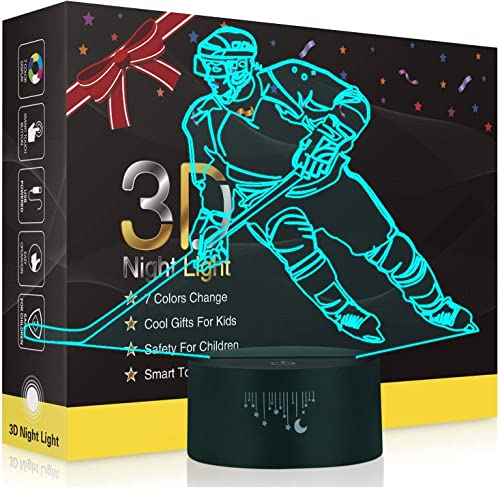 Book Cover Rquite Hockey Night Light, Hockey Gifts for Boys, 3D Lamp with Smart Touch Control 7 Colors Changing, Optical Illusion Visual Led Ice Hockey Stick Light for Baby Living Bedroom & Home Decor