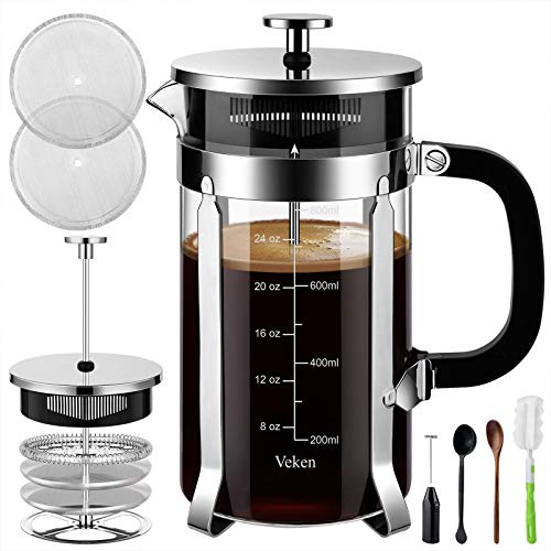 Book Cover Veken French Press Coffee Maker (34 oz), 304 Stainless Steel Coffee Press with 4 Filter Screens, Durable Easy Clean Heat Resistant Borosilicate Glass - 100% BPA Free, Silver