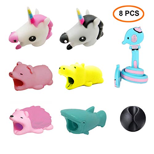 Book Cover Animal Bite Cable Protector, Morneve Cord Protector for Apple iPhone Cable Chompers Phone Charger Cable Bites Cute Animal Biters Hippo Pig Hedgehog Shark Unicorn Cable Organizer Elephant Giraffe 8 Pcs