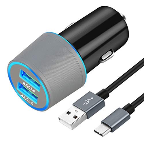 Book Cover Fast USB C Car Charger, Compatible for Samsung Galaxy S10+/S10e/S10/S9/S9 Plus/S8/S8 Plus/S8 Active/Note 9/Note 8, Quick Charge 3.0 Dual USB Rapid Car Charger with Type C Cable 3.3ft