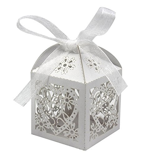 Book Cover KPOSIYA 100 Pack Love Heart Laser Cut Wedding Party Favor Box Candy Bag Chocolate Gift Boxes Bridal Birthday Shower Bomboniere with Ribbons (White, 100)