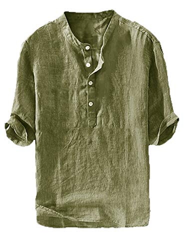 Book Cover Mens Linen Henley Shirt Casual 3/4 Sleeve T Shirt Pullover Tees Lightweight Curved Hem Cotton Summer Beach Tops