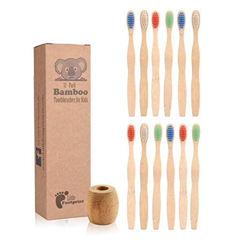 Book Cover Kids & Baby Toothbrush | 12 Bamboo Toothbrushes + Wood Holder | Wooden Biodegradable, BPA Free, Soft Bristles, Compostable, Eco Friendly