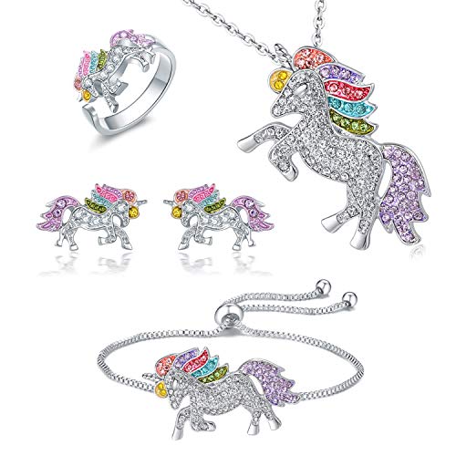 Book Cover Whaline 4 Pack Unicorn Jewelry Set, Include Rainbow Rhinestone Crystal Necklace, Bracelet, Earring and Ring for Girls Gift Set