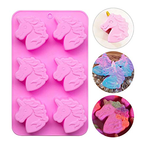 Book Cover Fewo 6 Cavities Unicorn Head Cupcake Mold, Non-stick Unicorn Shaped Silicone Mould for Party Cakes Soaps Bath Bombs Jello Shots Kids' Baking Supplies
