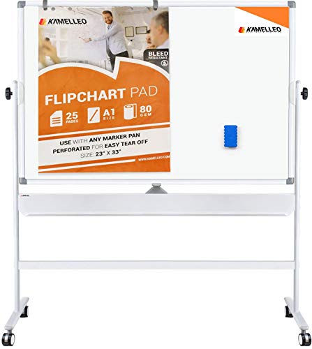 Book Cover Mobile Whiteboard - Large 360° Reversible Double Sided Dry Erase Board - Magnetic Big White Board on Wheels - Office Classroom Portable Rolling Easel with Stand, Flip Chart Holders, Paper Pad | 48x36