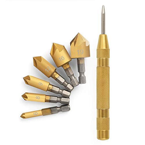 Book Cover COMOWARE Countersink Drill Bit Set- 7 Pcs Counter Sinker Drill Bits for Wood, Quick Change, 1/4'' Hex Shank, High Speed Steel, 5 Flute 90 Degree Center Punch Tool, 1/4''-3/4''