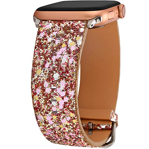 Book Cover Greaciary Glitter Bling Band Compatible for iWatch Band 38mm 40mm 42mm 44mm,Leather Luxury iWatch Shiny Sparkle Women Replacement Watch Strap Wristbands for iWatch Series 4/3/2/1