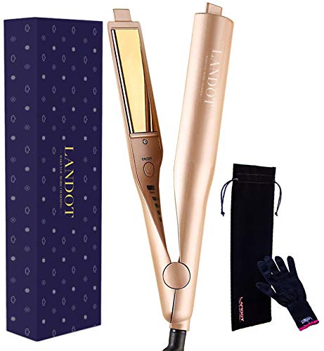 Book Cover LANDOT 2-in-1 Flat Iron Hair Straightener and Curler Professional Twist Curling Straightening Iron in One Dual Voltage Hair Styling Tools with 1 Inch 3D Titanium Plate Gold Color