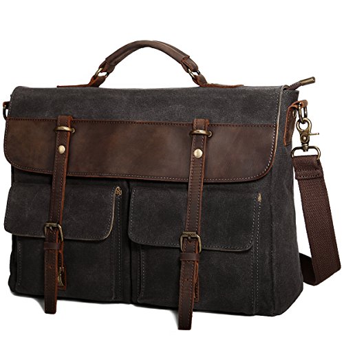 Book Cover Tocode Large Messenger Bag for Men, Vintage Waxed Canvas Satchel Leather Briefcases Crossbody Shoulder Bags, 15.6 inch Computer Laptop Bags Water Resistant Travel School Work Bag Black
