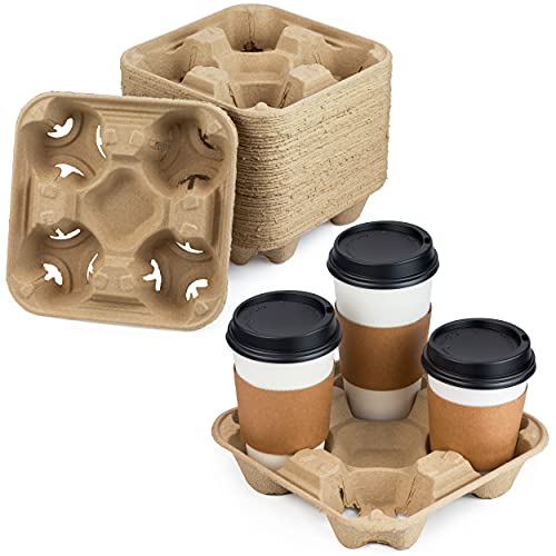 Book Cover [45 Pack] Pulp Fiber Drink Carrier Tray Biodegradable 4 Cup Container Compostable Stackable Ecofriendly Carry Holder for Hot and Cold Drinks