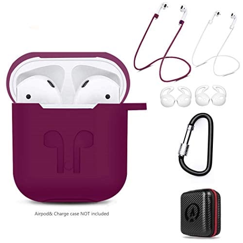 Book Cover DZANHOT AirPods Gen1&2 Case 7 In 1 Accessories Kits Protective Silicone Cover Skin for Airpods1 2 Compatible Wireless Charging Function with Ear Hook/Grips/Airpods Staps/ Clips/Tips Burgundy