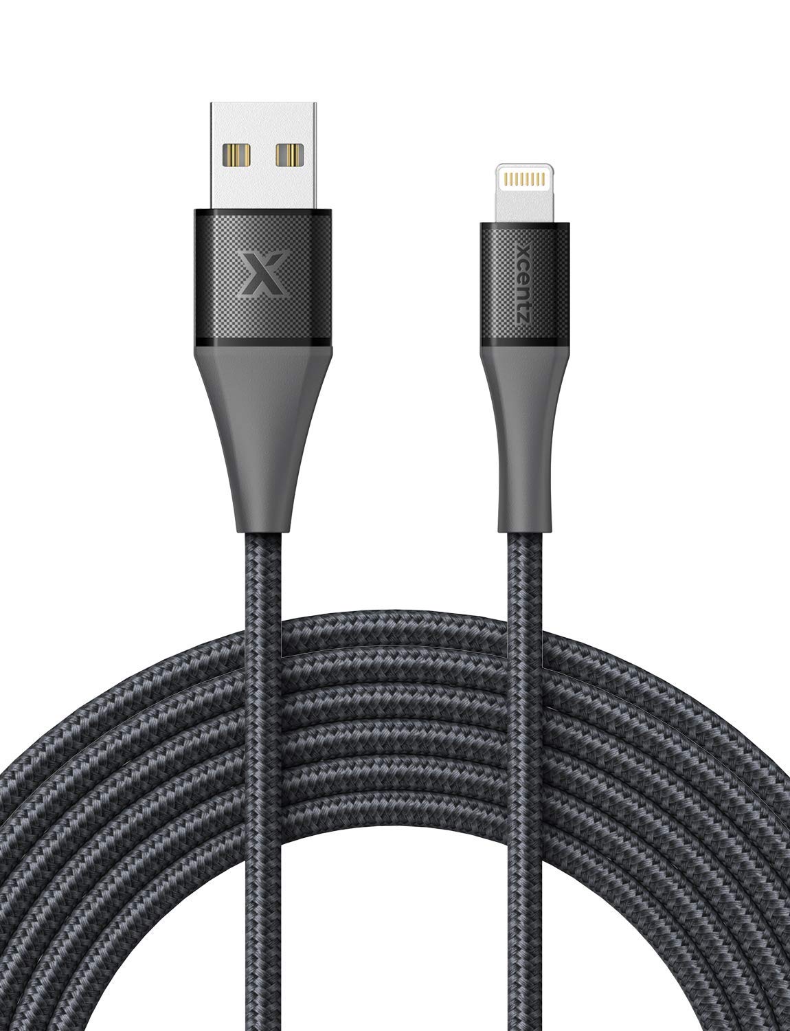 Book Cover Xcentz iPhone Charger 6ft, MFi Certified Lightning Cable, Braided Nylon Fast Charging iPhone Cable with Premium Metal Connector for iPhone 11/11 Pro/X/XS/XR/XS Max/8/7/6/5S, iPad Mini/Air, Black