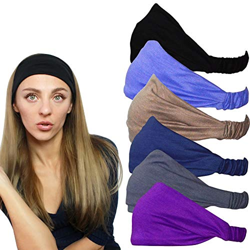 Book Cover QING Headbands for Women Sweat Wicking Scarf Bandana Elastic Workout Headband Wrap Pack of 6
