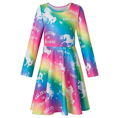 Book Cover Nidoul Girls Unicorn Rainbow Long Sleeve Swing Dress for Costume Party Birthday