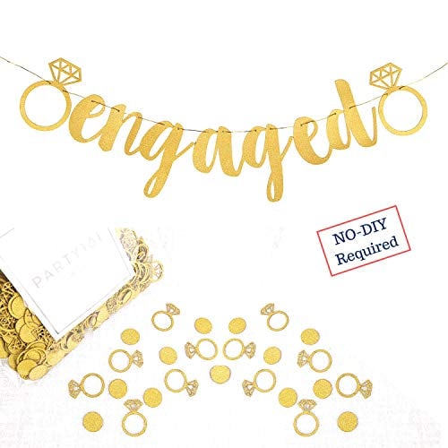 Book Cover Engagement Party Decorations - Extra-Large Engaged Banner + 200 Glittering Gold Ring Confetti - Bridal Shower Sign & Bachelorette Party Favors - Bride to be Engagement Banner Decor