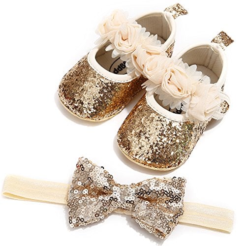 Book Cover LIVEBOX Baby Girls Shoes Soft Sole Prewalker Mary Jane Princess Party Dress Crib Shoes with Free Bow Knot Baby Headband