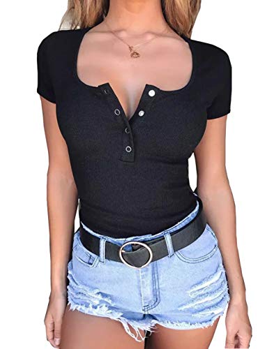 Book Cover PALINDA Women's Short Sleeve Basic Button Down Knitted Ribbed Stretchy Bodysuits Leotard